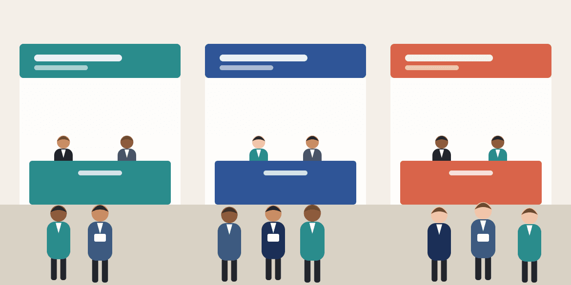 Illustration: job seekers visiting three employer booths at a community job fair