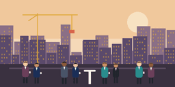 Illustration: construction and real estate professionals networking at dusk in front of a city skyline with a tower crane