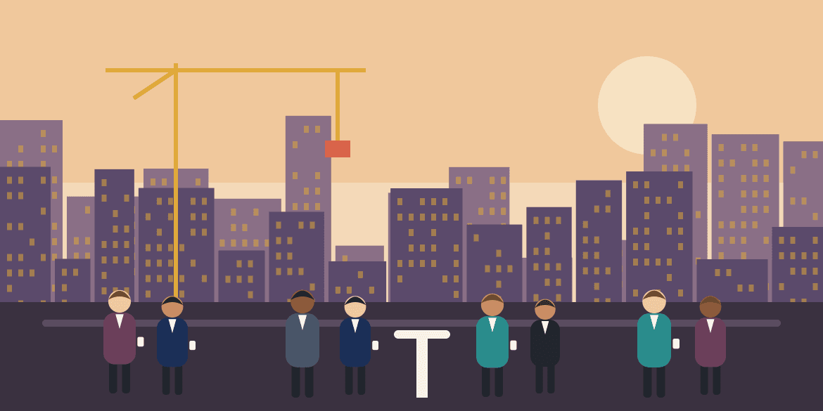 Illustration: construction and real estate professionals networking at dusk in front of a city skyline with a tower crane