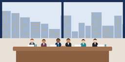 Illustration: business delegates meeting around a long table with a city skyline behind them