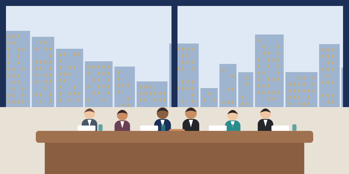 Illustration: business delegates meeting around a long table with a city skyline behind them