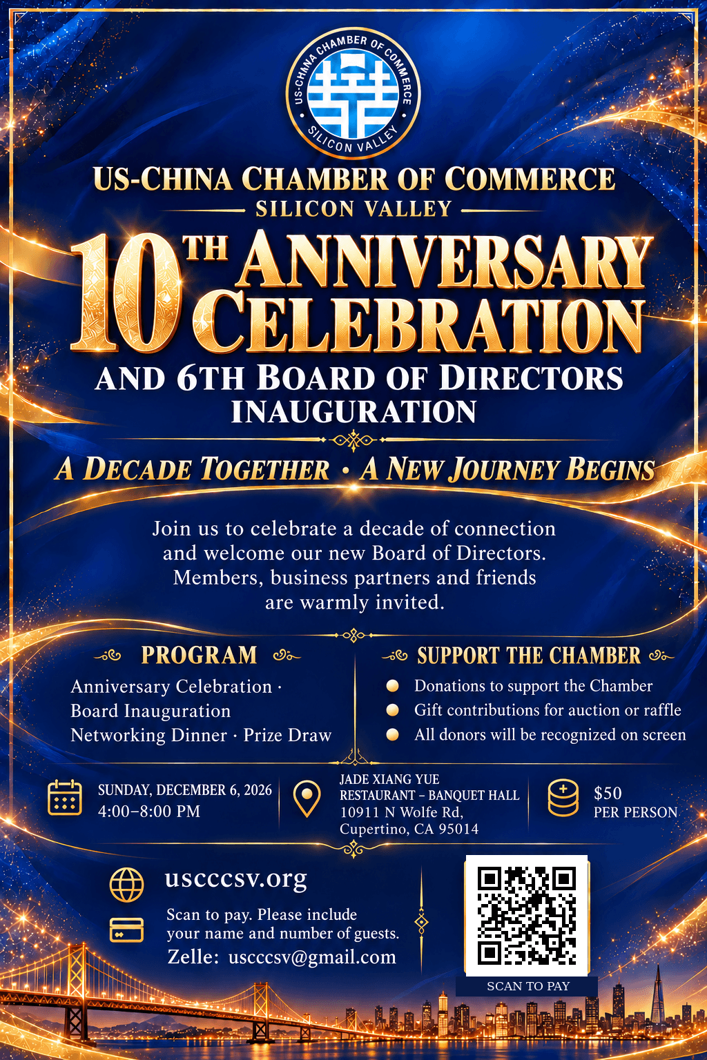 Event poster: USCCCSV 10th Anniversary Gala, December 6, 2026
